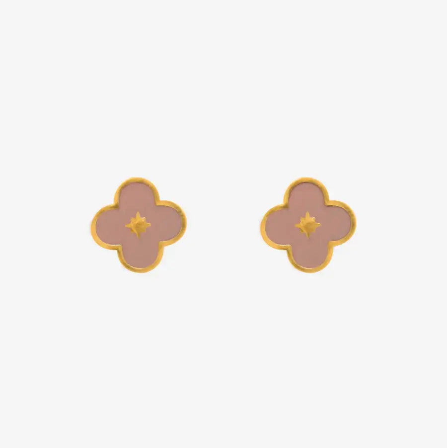 Taupe Enamel Flower Gold Stud Earrings