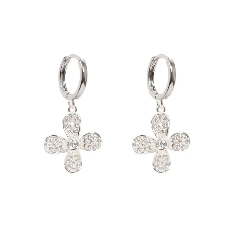 Silver Huggie Flower Charm Earrings
