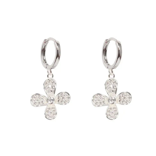 Silver Huggie Flower Charm Earrings