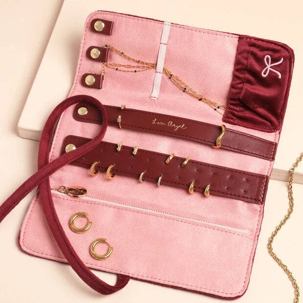 Burgundy Bow Embroided Velvet Jewellery Roll