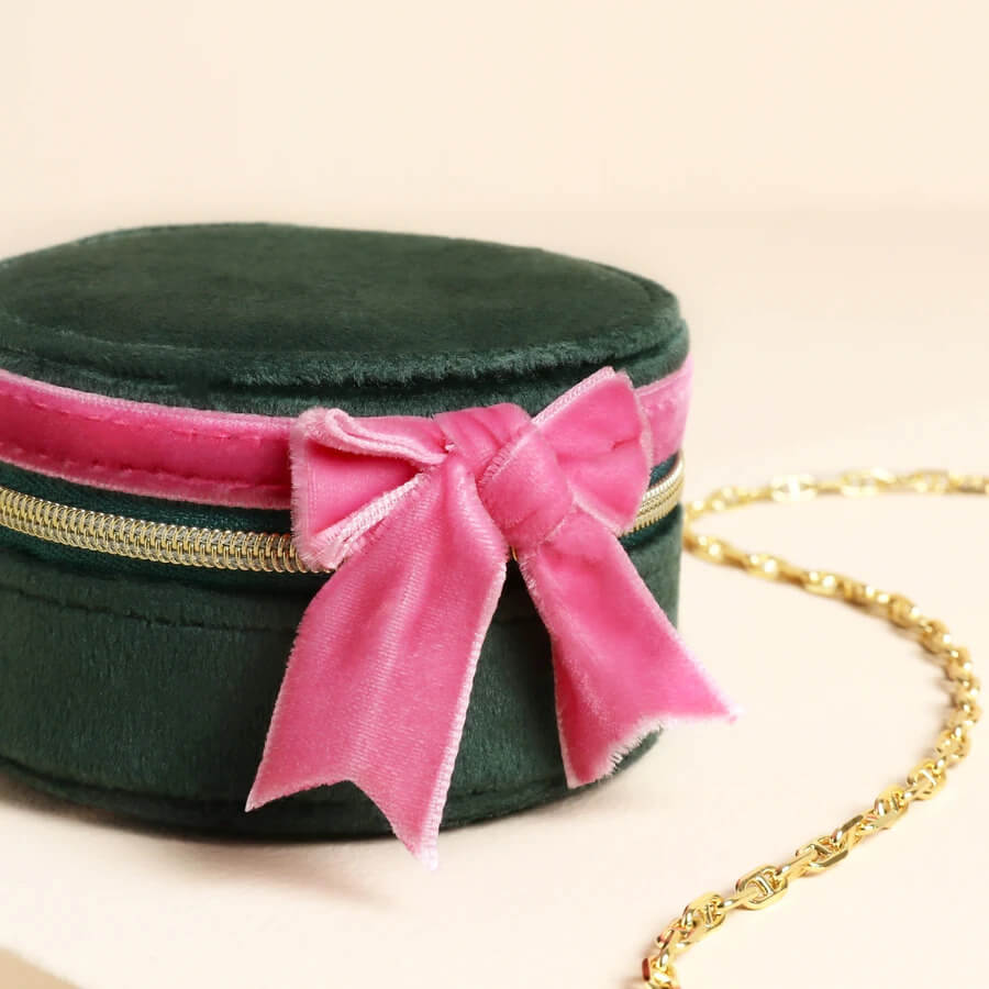 Green & Pink Velvet Bow Mini Round Jewellery Case