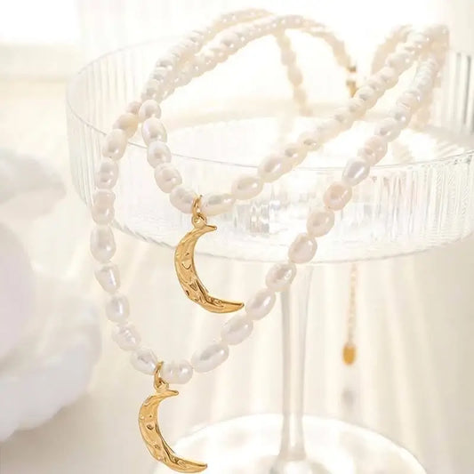 Gold Crescent Moon Pearl Necklace