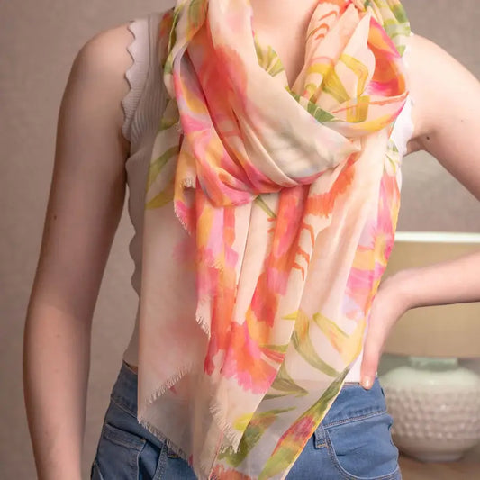 Lightweight Tropical Print Cream Scarf
