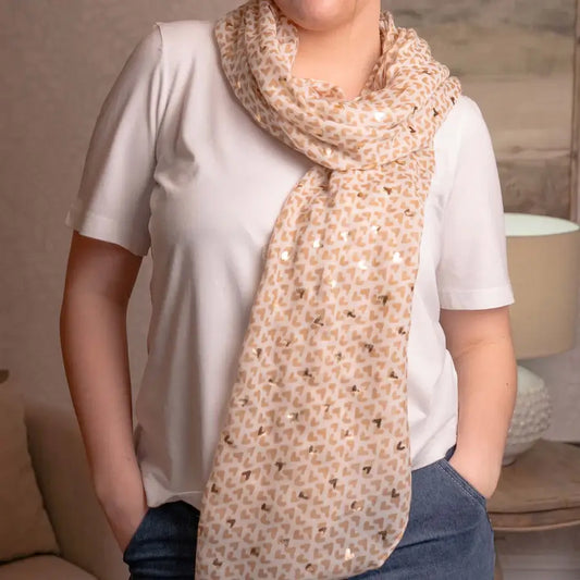 Lightweight Metallic Heart Cream Scarf