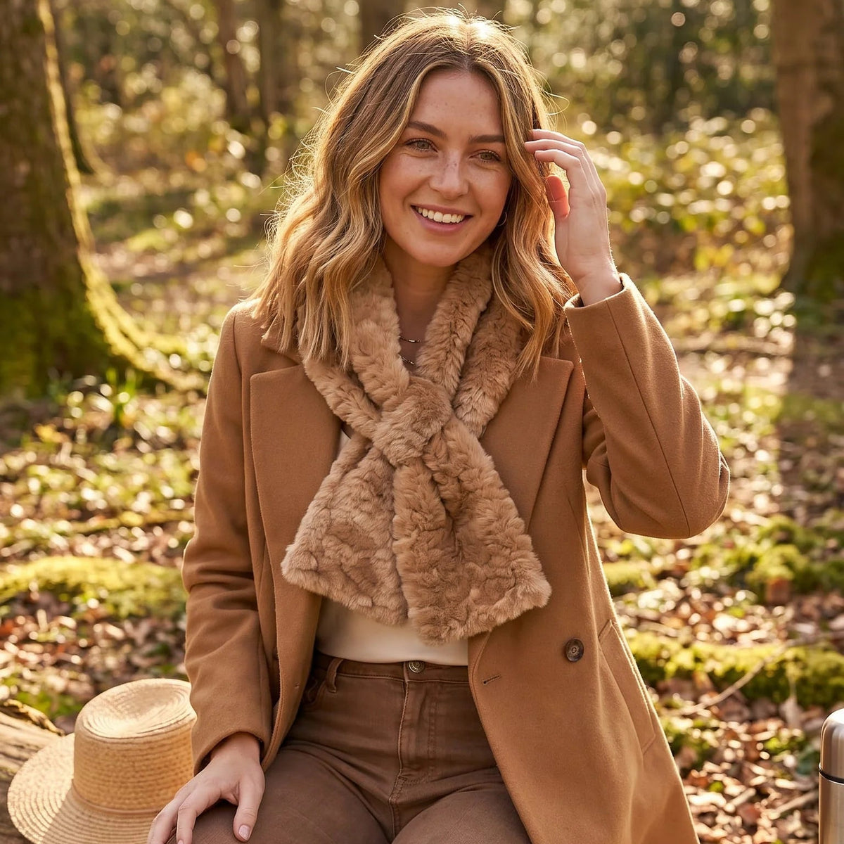 Pull Through Collar Faux Teddy Fur  - Caramel