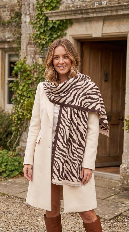 Zebra Print Scarf with Fringed Edge - Chocolate