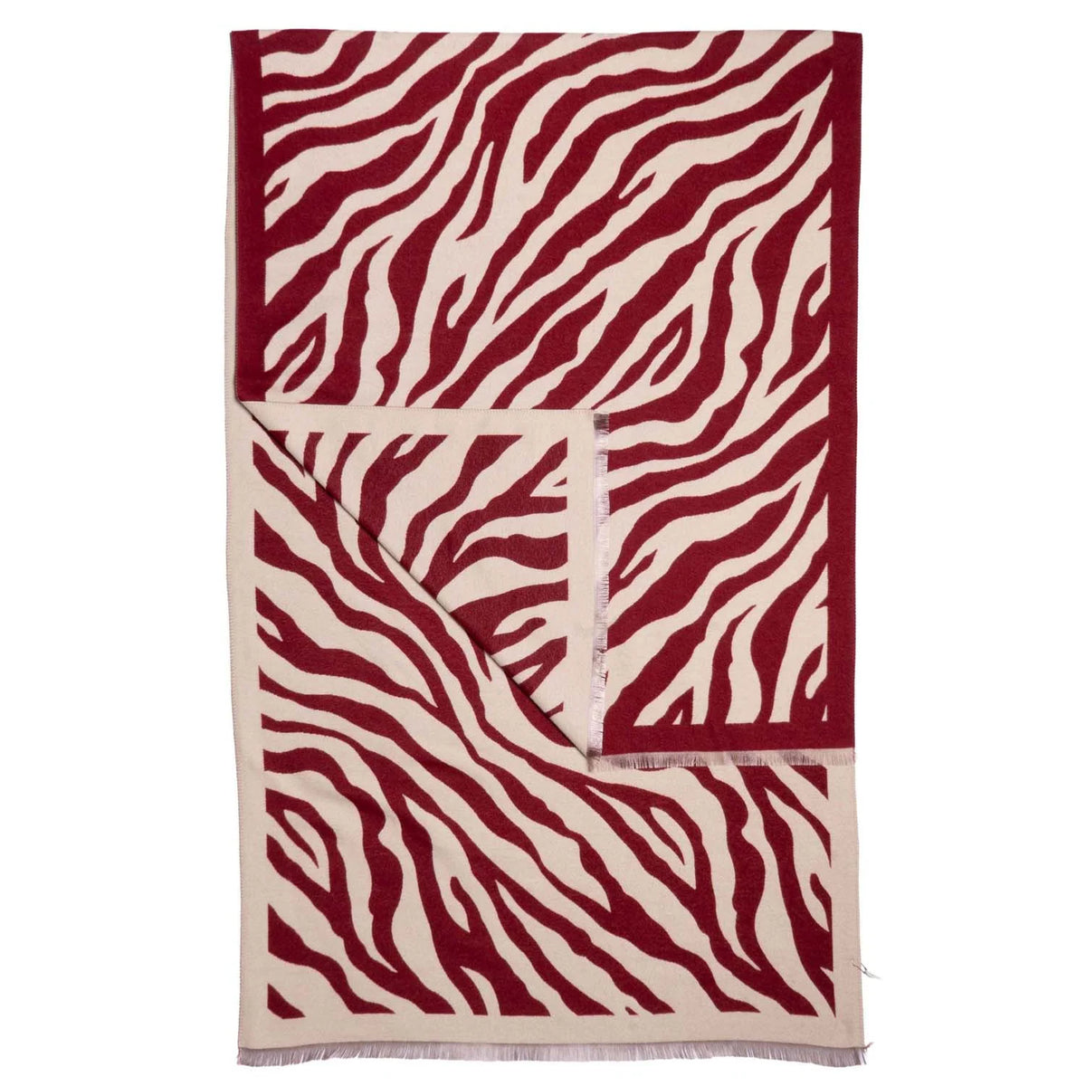 Zebra Print Scarf with Fringed Edge - Burgundy