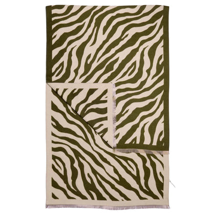 Zebra Print Scarf with Fringed Edge - Green