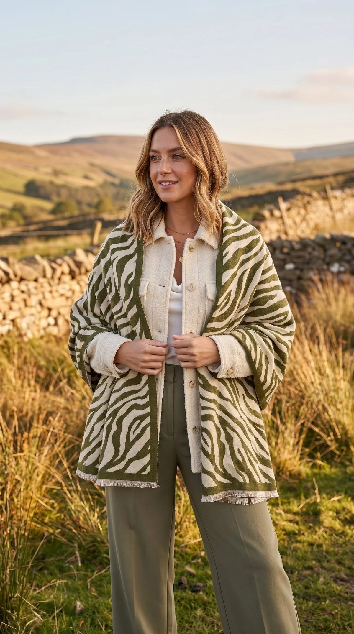 Zebra Print Scarf with Fringed Edge - Green