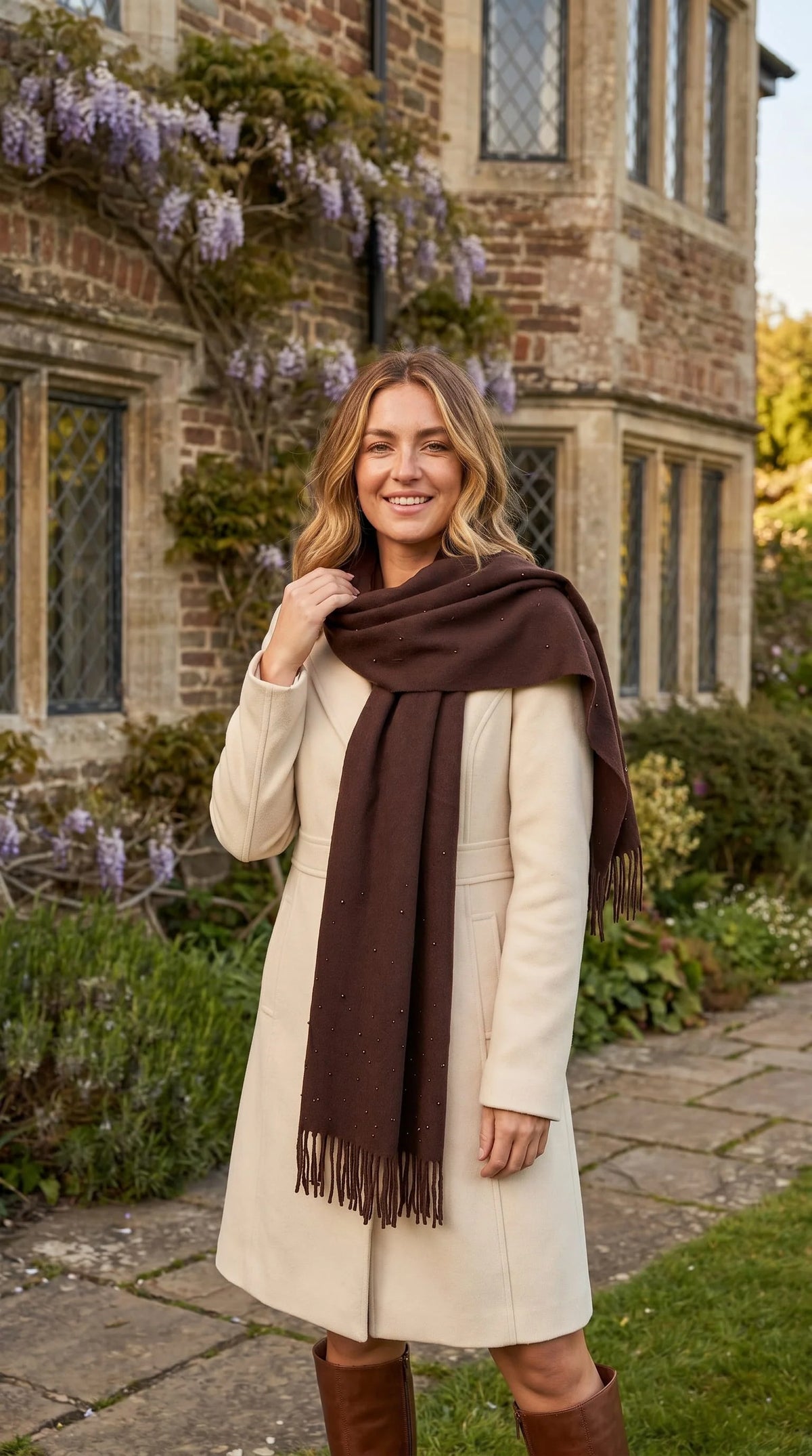 Wrap Scarf with Pearl & Tassels - Chocolate