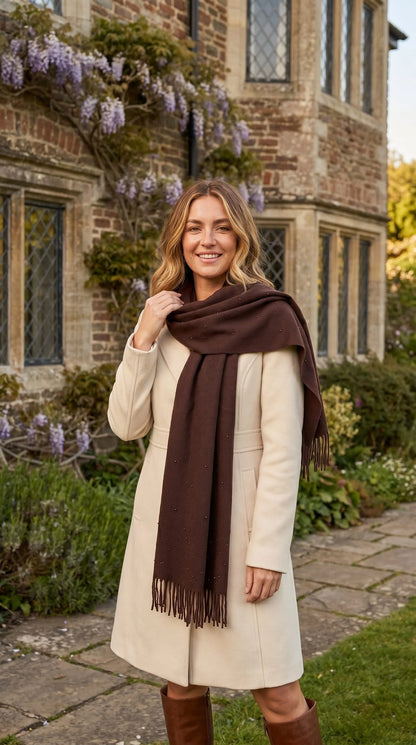 Wrap Scarf with Pearl & Tassels - Chocolate