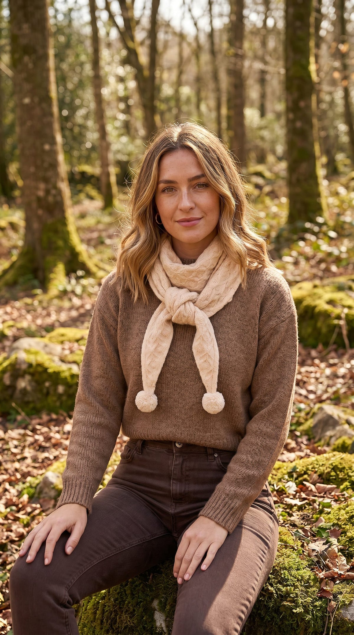 Triangle Scarf with Pom Pom - Cream