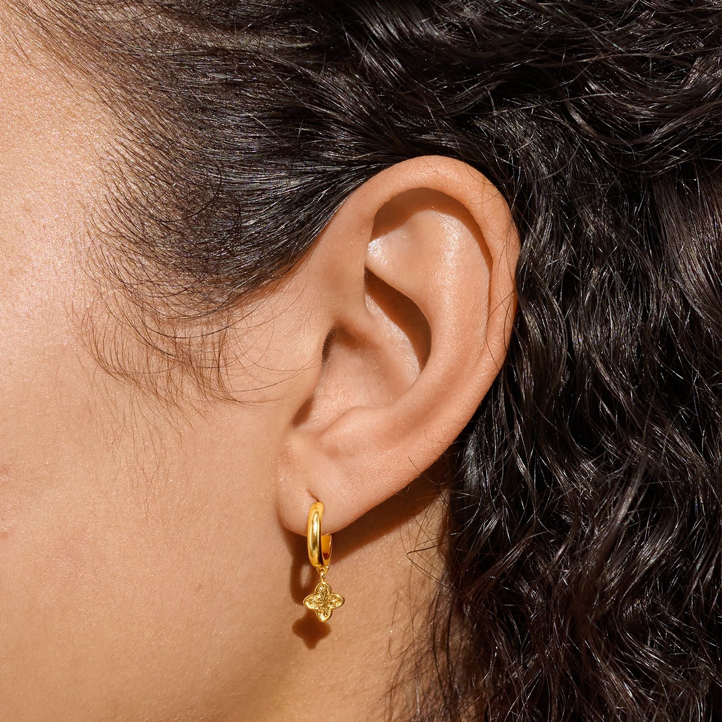 Gold Textured Clover Hoop Earrings