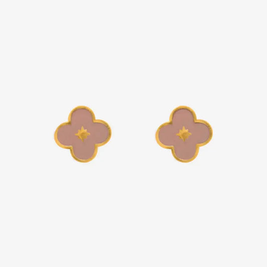 Taupe Enamel Flower Gold Stud Earrings
