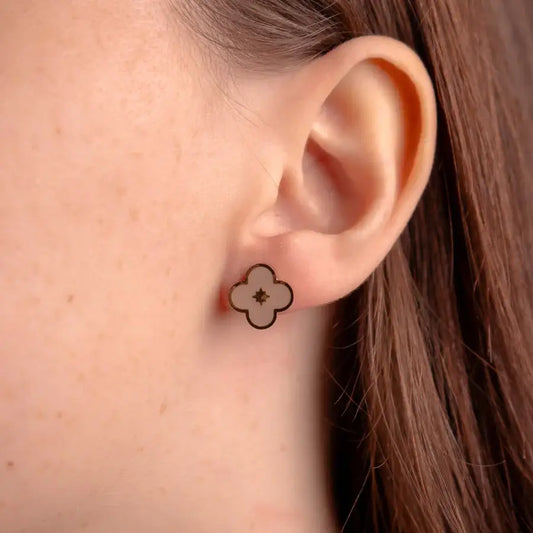 Taupe Enamel Flower Gold Stud Earrings