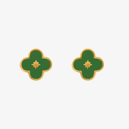Green Enamel Flower Gold Stud Earrings