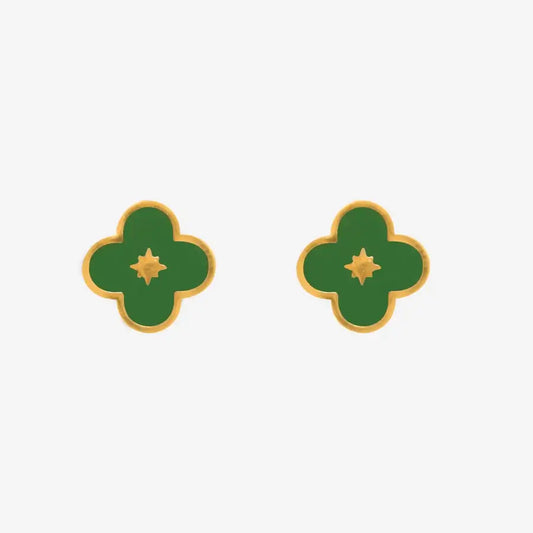 Green Enamel Flower Gold Stud Earrings
