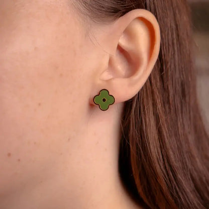Green Enamel Flower Gold Stud Earrings