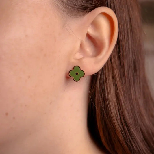 Green Enamel Flower Gold Stud Earrings