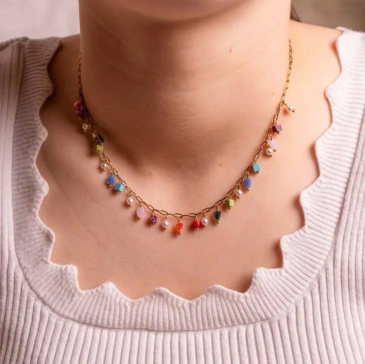 Handmade Glass Multicoloured Bead Gold Necklace