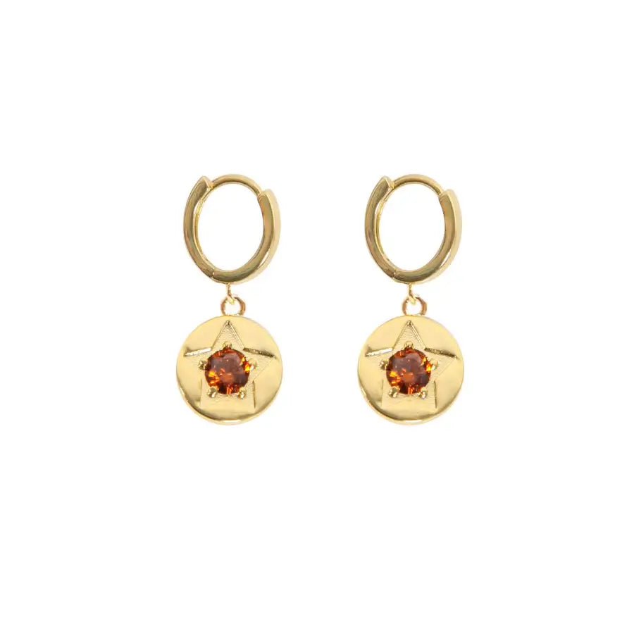 Coffee Crystal Star Detail Gold Hoop Earrings