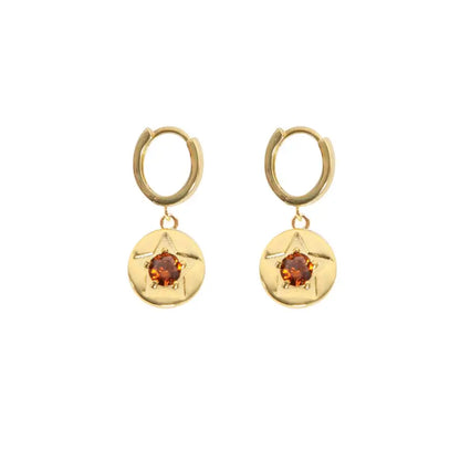 Coffee Crystal Star Detail Gold Hoop Earrings