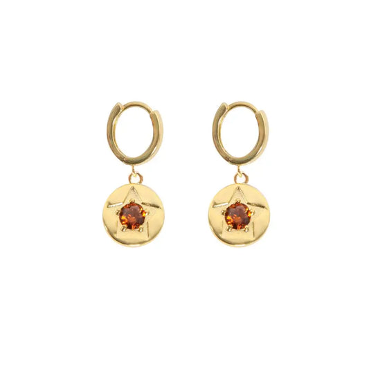 Coffee Crystal Star Detail Gold Hoop Earrings