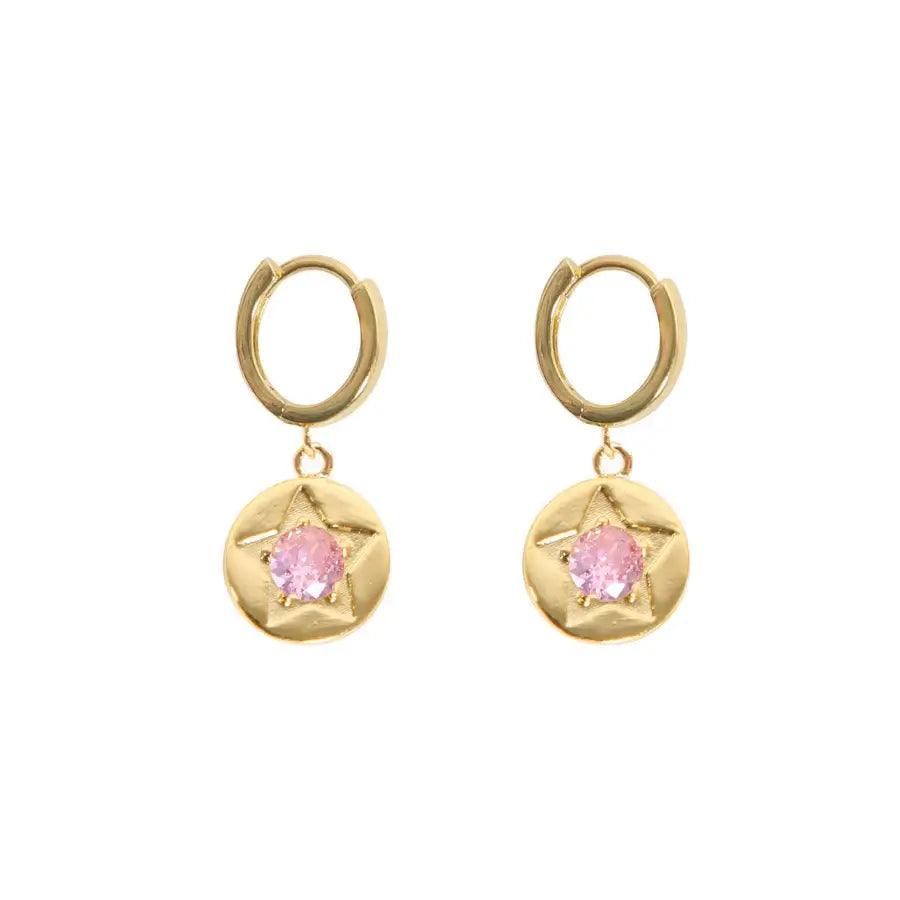 Pink Crystal Star Detail Gold Hoop Earrings