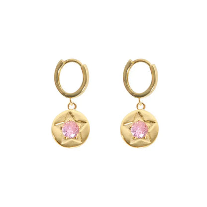 Pink Crystal Star Detail Gold Hoop Earrings