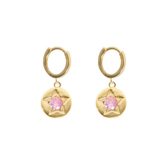 Pink Crystal Star Detail Gold Hoop Earrings