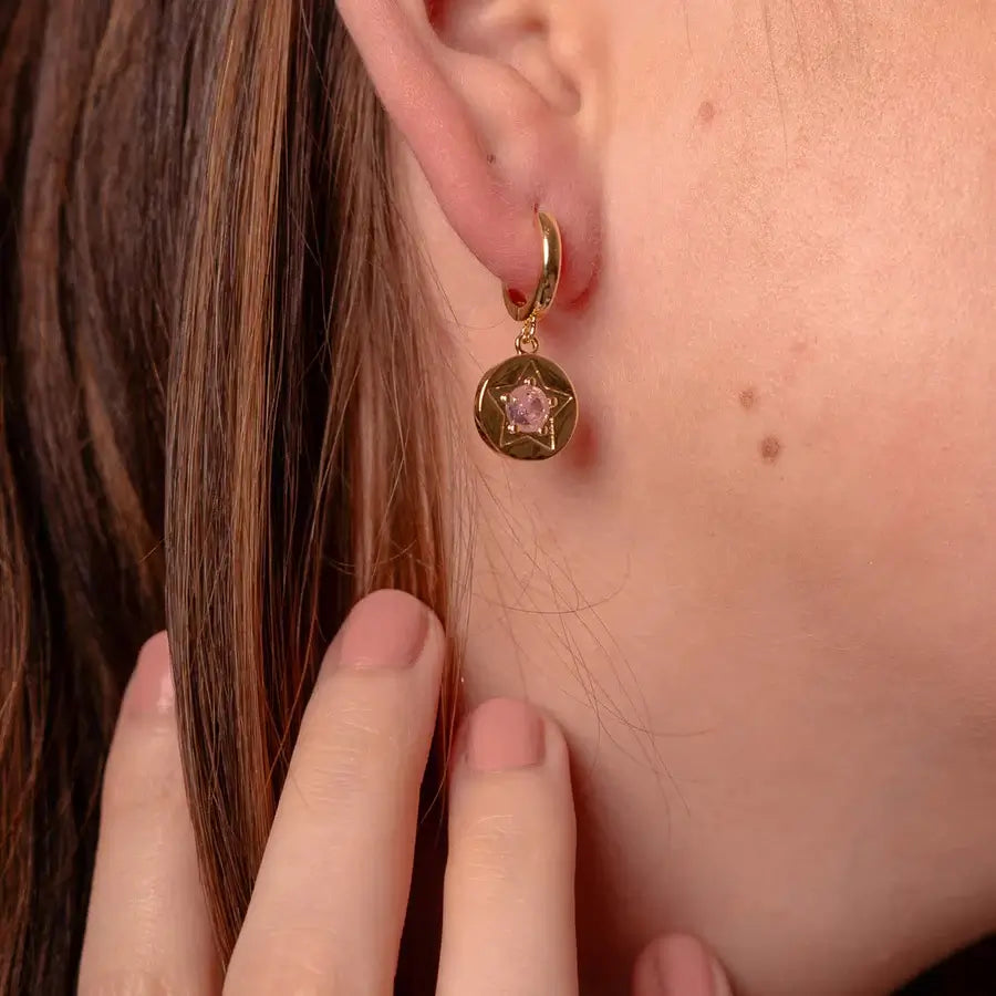 Pink Crystal Star Detail Gold Hoop Earrings