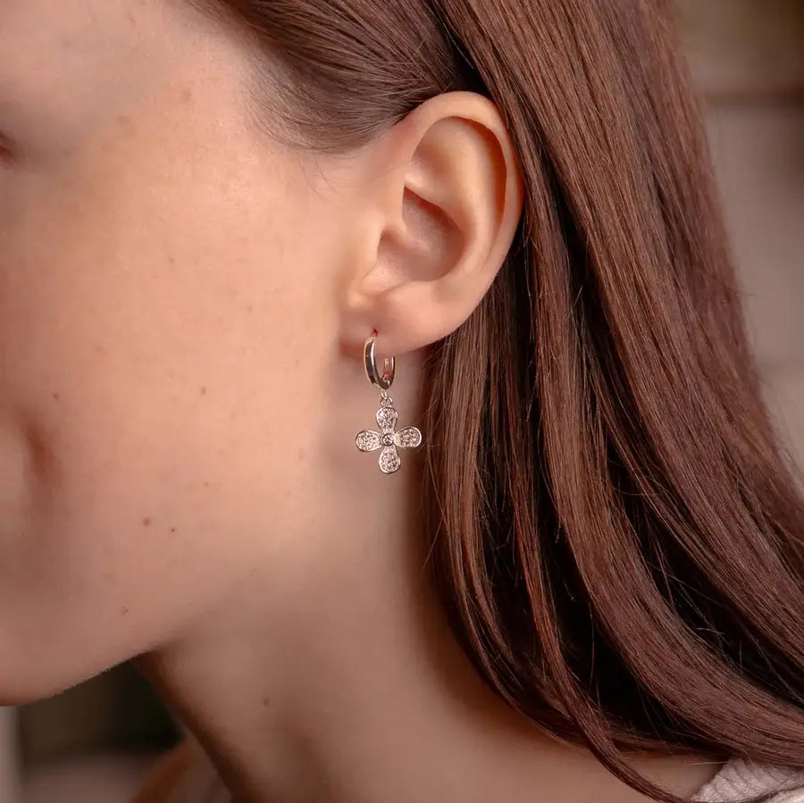 Silver Huggie Flower Charm Earrings