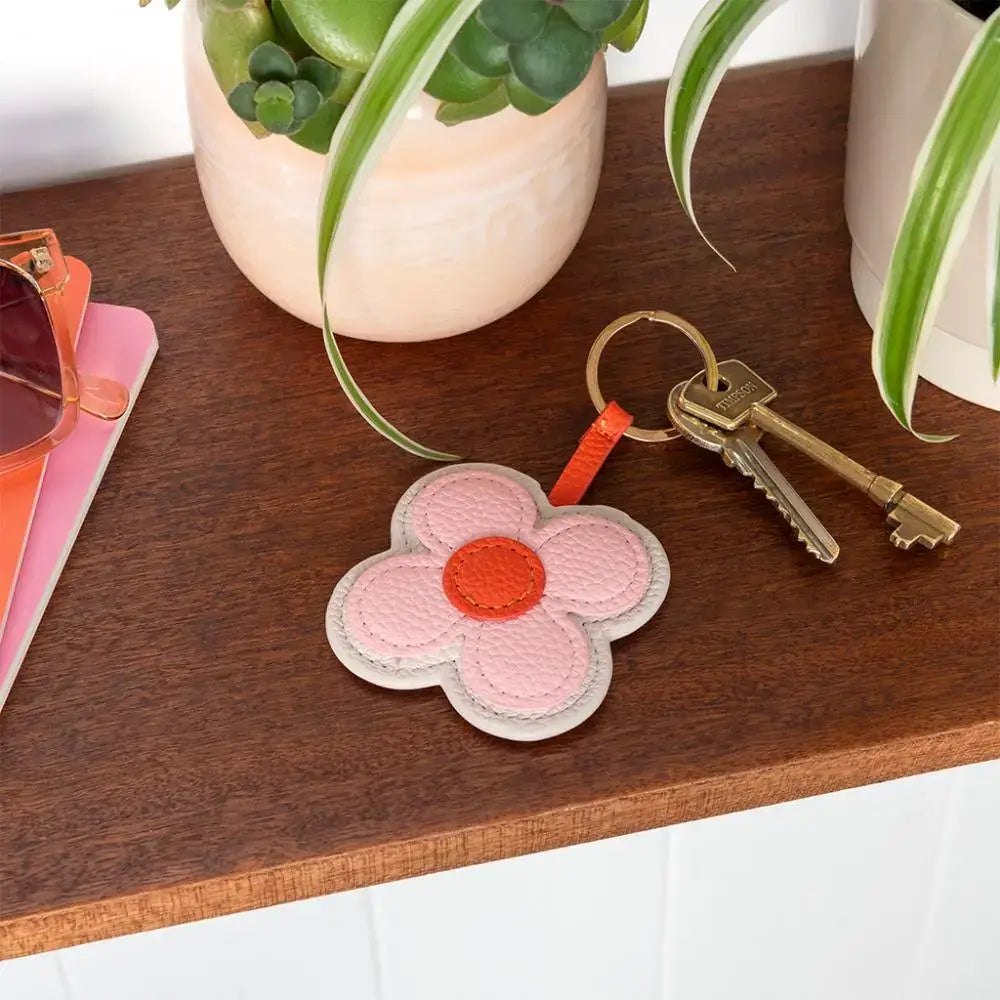 Pink Daisy Faux Leather Keyring