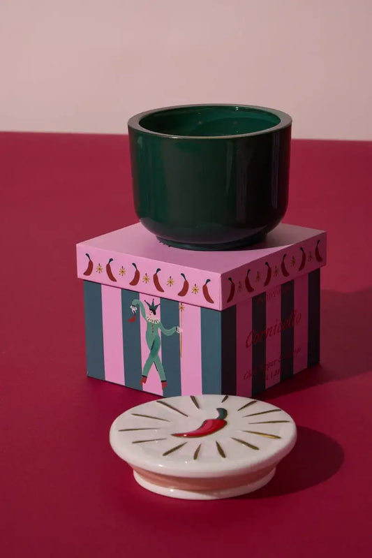 Charmed 8oz/226g Green Glass Candle With Chili Ceramic Lid Chilli Pepper And Mango