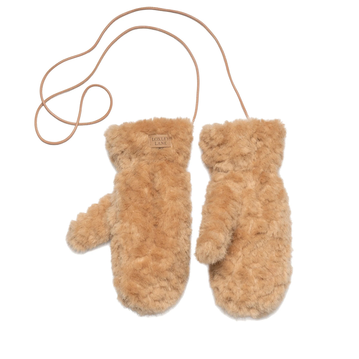 Faux Teddy Fur Mits on a String - Caramel