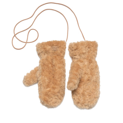 Faux Teddy Fur Mits on a String - Caramel