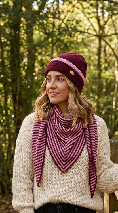 Beanie Hat Boarder Design - Burgundy/Pink