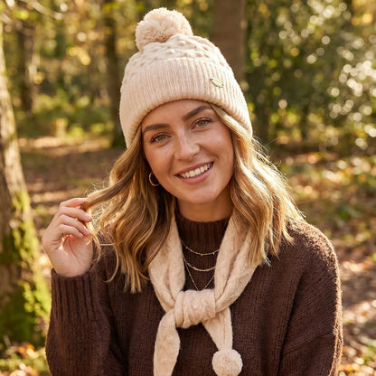 A woman smiling in an autumn forest while wearing a cream knit beanie with a pom-pom, a matching cream knit scarf with pom-poms, and a brown knit sweater.