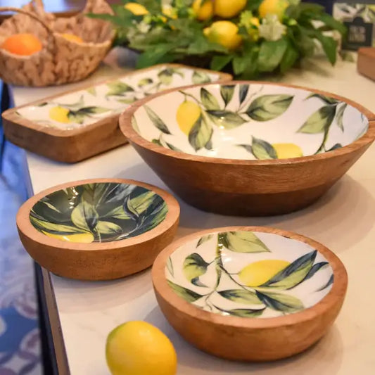 Enamelled Mango Wooden Dish Inlay - Lemons And Leaves (30.5cm)