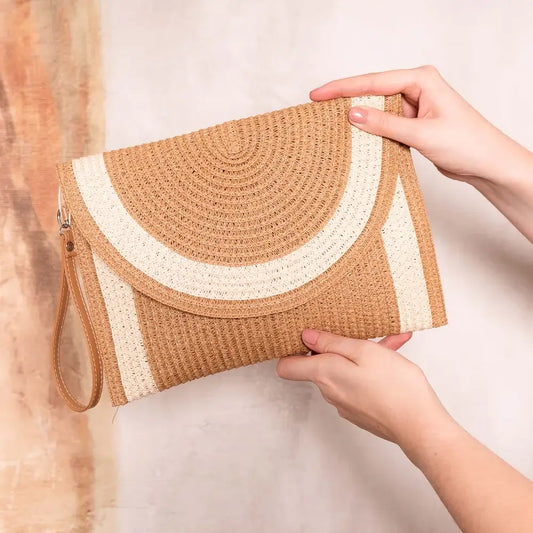 Natural Straw Clutch Bag With Wrist Strap
