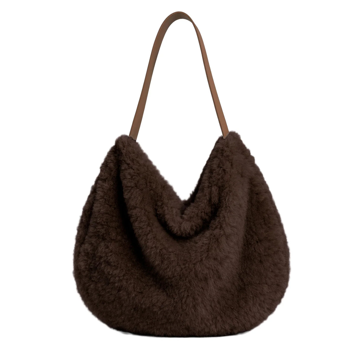 Faux Teddy Fur Slouch Bag - Brown