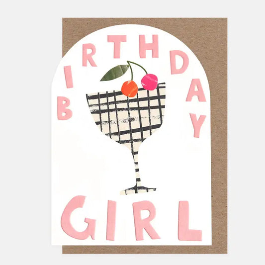 Birthday Girl Checked Stem Glass With Cherry Card
