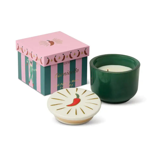 Charmed 8oz/226g Green Glass Candle With Chili Ceramic Lid Chilli Pepper And Mango