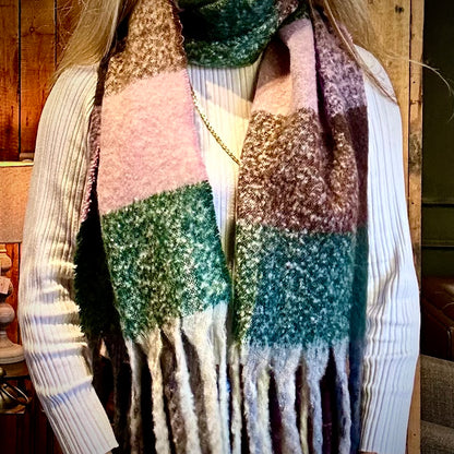 Green, Pink & Maroon Checked Chunky Scarf