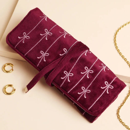 Burgundy Bow Embroided Velvet Jewellery Roll