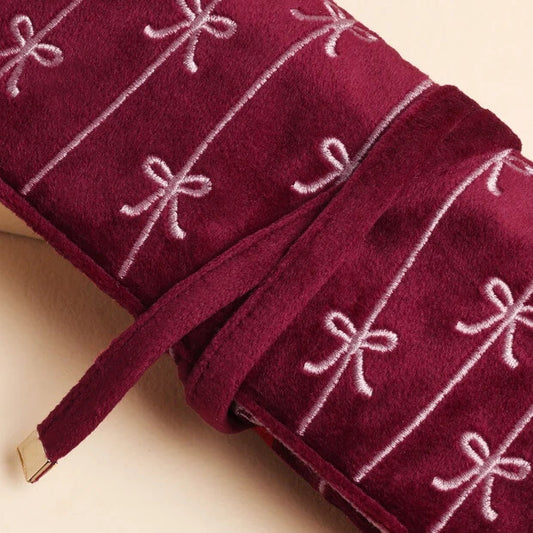 Burgundy Bow Embroided Velvet Jewellery Roll