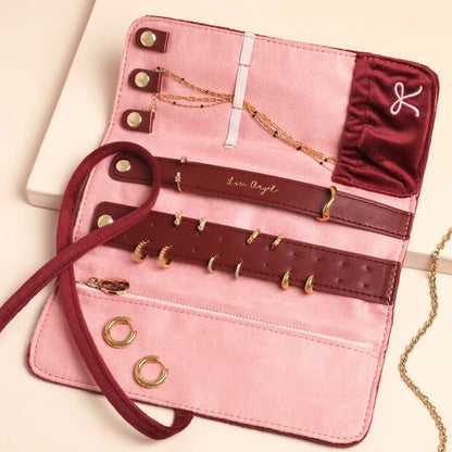 Burgundy Bow Embroided Velvet Jewellery Roll