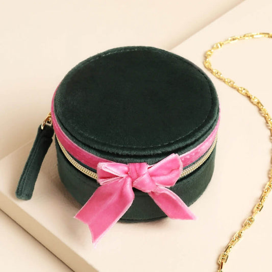 Green & Pink Velvet Bow Mini Round Jewellery Case