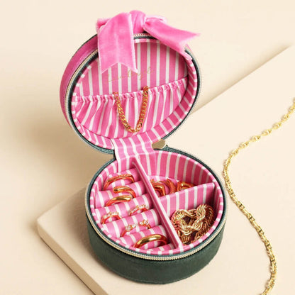 Green & Pink Velvet Bow Mini Round Jewellery Case