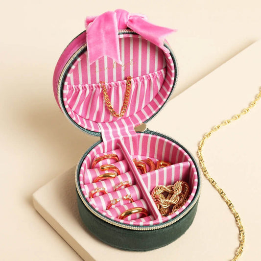 Green & Pink Velvet Bow Mini Round Jewellery Case